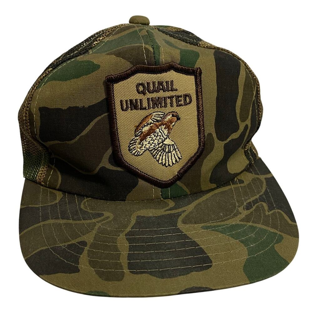 Vtg Quail Unlimited (old School) Camoflauge Snapback Hat Patch Trucker Mesh